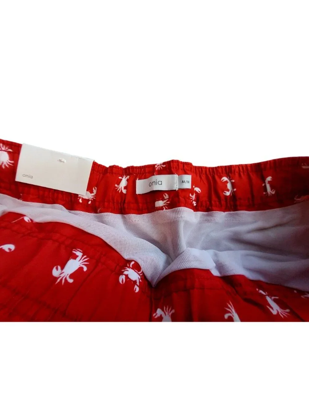 Onia Red Crab Print Mens Swim Trunks M Mesh Lining Elastic Waistband Lightweight